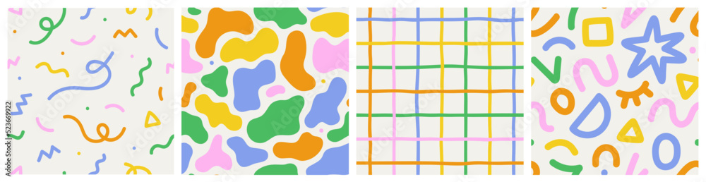 Fun colorful seamless pattern collection. Creative minimalist style art background for children or trendy design with bright basic shapes. Simple and playful childish doodle backdrop set.