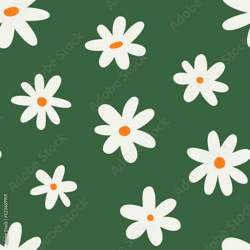 Trendy floral seamless pattern illustration. Vintage 70s style hippie flower background design. Y2k nature backdrop with daisy flowers.