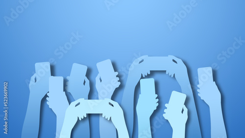 Diverse people crowd hands holding mobile phone up in realistic paper cut style. 3D papercut illustration of team with smart telephone on isolated background. Modern technology concept.