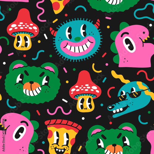 Trendy trippy retro cartoon character seamless pattern. Funny vintage comic characters background. Colorful dog, mushroom and pizza psychedelic print texture. 