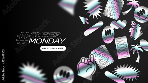 Online cyber monday sale web template with trendy 90s style holographic sticker decoration. Modern iridescent y2k business discount design. Internet landing page background for special promotion. 