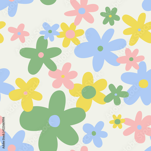 Trendy floral seamless pattern illustration. Vintage 70s style hippie flower background design. Colorful pastel color groovy artwork, y2k nature backdrop with daisy flowers.