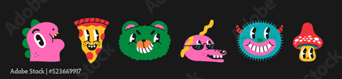 Trendy trippy retro cartoon character set. Funny vintage comic characters collection, happy cool mascot sticker bundle. Colorful dinosaur, dog, mushroom, and pizza psychedelic graphic.  