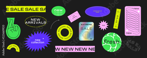 Colorful business sale sticker collection. Set of trendy neon cartoon label for store discount, online promotion or social media post. Fun y2k style graphic element bundle.