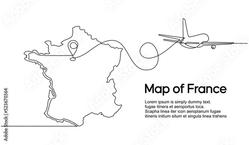 Continuous one line drawing of France domestic aircraft flight routes. France map icon and airplane path of airplane flight route with starting point location and single line trail in doodle style.