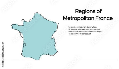 Continuous one line drawing of map of France. white background map for Education, Travel across cities in France, infographics, Science, Web Presentation isolated on white background
