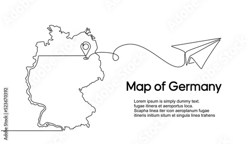 Continuous one line drawing of Germany domestic aircraft flight routes. Germany map icon and airplane path of airplane flight route with starting point location and single line trail in doodle style.