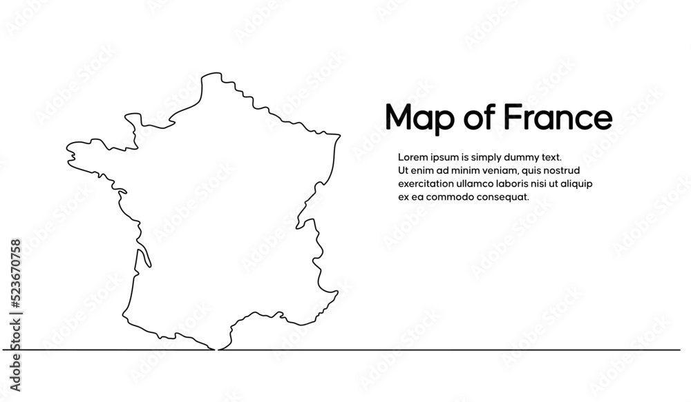 Continuous one line drawing of map of France. white background map for Education, Travel across cities in France, infographics, Science, Web Presentation isolated on white background Continuous one line drawing of map of France. white background map for Education, Travel across cities in France, infographics, Science, Web Presentation isolated on white background