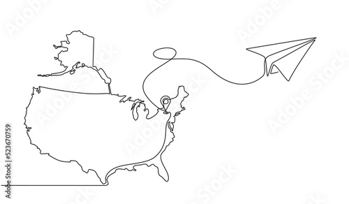 Continuous one line drawing of United States domestic aircraft flight routes. US map icon and airplane path of airplane flight route with starting point location and single line trail in doodle style