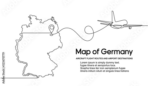 Continuous one line drawing of Germany domestic aircraft flight routes. Germany map icon and airplane path of airplane flight route with starting point location and single line trail in doodle style.
