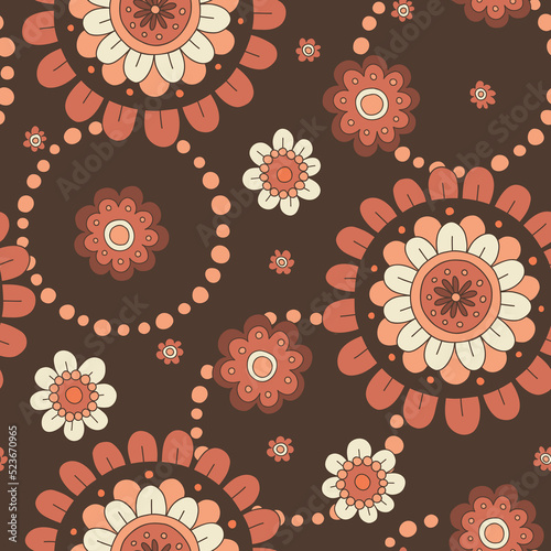 Monochrome Orange and Brown Large Scale Hand-Drawn Floral Vector Seamless Pattern. Retro 70s Style Nostalgic Fashion Textile Bold Background. Summer Resort Print. Daisies. Flower Power