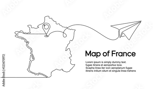 Continuous one line drawing of France domestic aircraft flight routes. France map icon and airplane path of airplane flight route with starting point location and single line trail in doodle style.