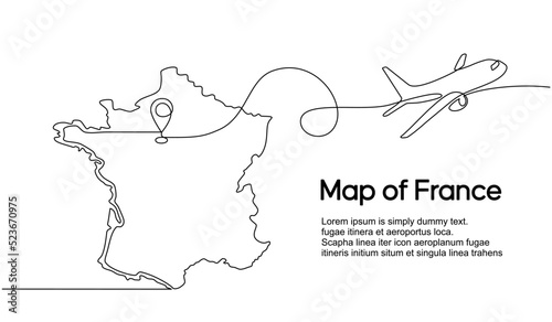 Continuous one line drawing of France domestic aircraft flight routes. France map icon and airplane path of airplane flight route with starting point location and single line trail in doodle style.
