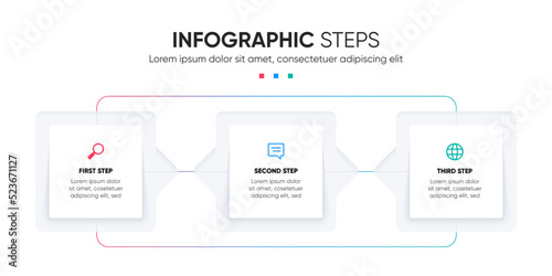 3 steps box geometric infographic with icons and lines.