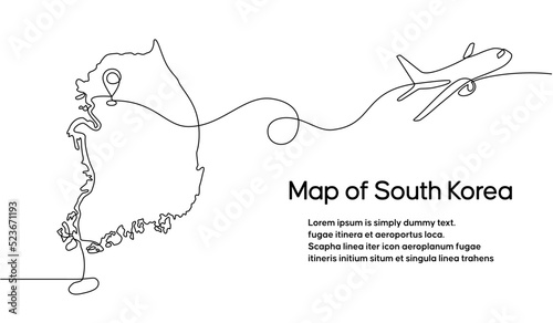 Continuous one line drawing of South Korea domestic aircraft flight routes. South Korea map icon and airplane path of airplane flight route with starting point location and single line trail in doodle