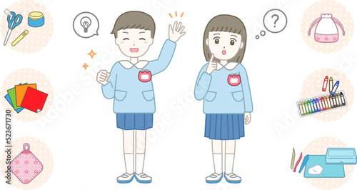 喜ぶ男の子と不思議に思う女の子の園児をイメージしたイラスト素材（保育園・幼稚園・こども園）
