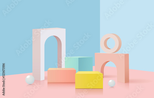 Stand and display pastel color. 3D rendering. A scene for advertising, Minimalist mockup for podium display or showcase.