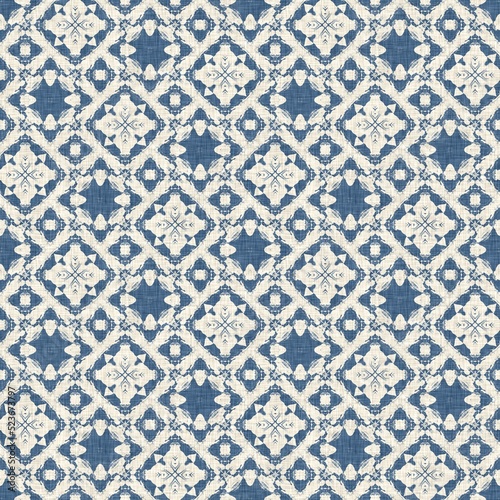 French blue quilt printed fabric pattern for shabby chic home decor style. Rustic farm house country cottage linen seamless background. 