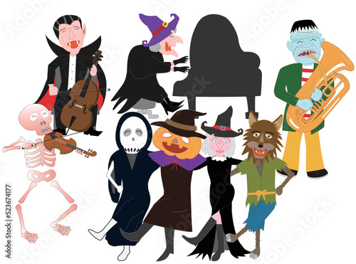 音楽を演奏したり踊ったりしてハロウィンを祝う魔女やジャックオーランタンたち。