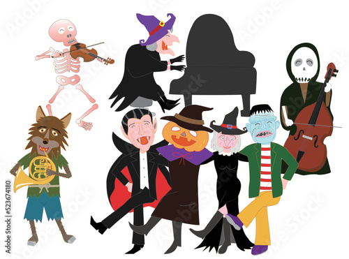 音楽を演奏したり踊ったりしてハロウィンを祝う魔女やジャックオーランタンたち。