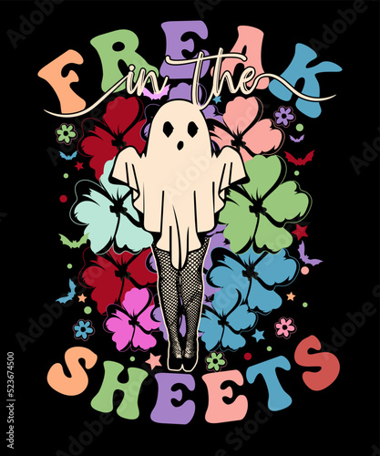 Freak In The Sheets Retro spooky ghost Vibes boo With sexy fishing net Crossed leg Halloween t-shirt