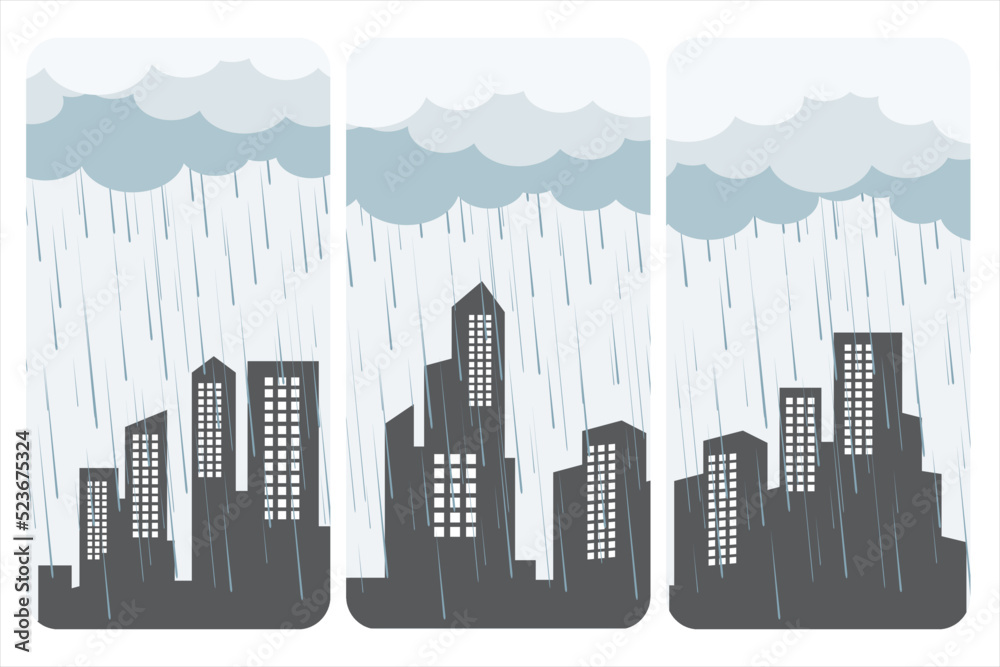 Monsoon season. Rainy season. Illustration of heavy rain. Vector illustration of rainy season in urban
