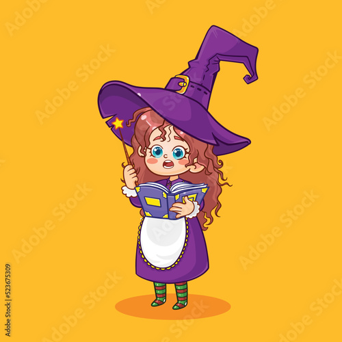Cute little girl in witch costume holding magic book for Halloween