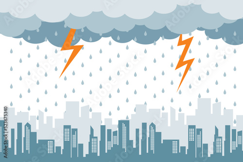 Monsoon season. Rainy season. Illustration of heavy rain. Vector illustration of rainy season in urban