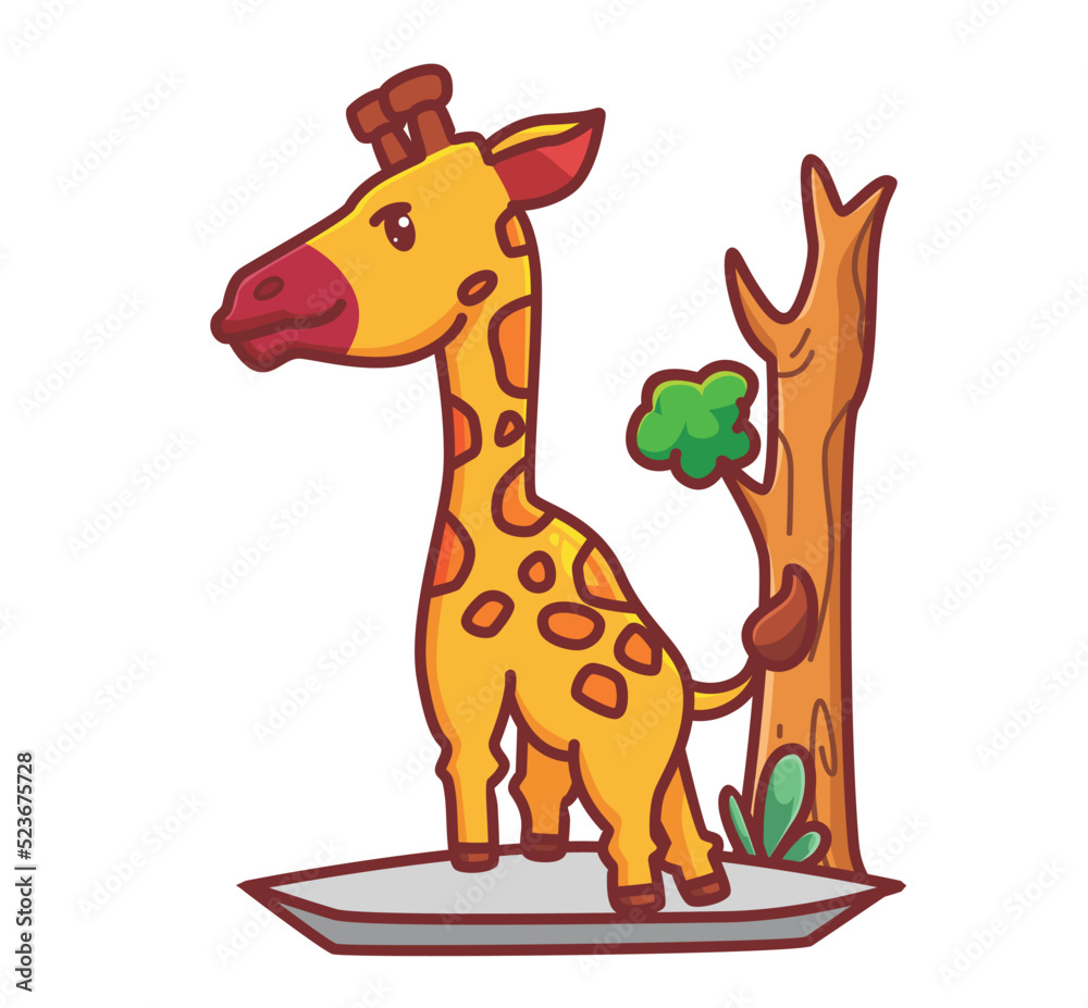 cute giraffe stand near tree. cartoon animal nature concept Isolated illustration. Flat Style suitable for Sticker Icon Design Premium Logo vector. Mascot Character cute giraffe stand near tree. cartoon animal nature concept Isolated illustration. Flat Style suitable for Sticker Icon Design Premium Logo vector. Mascot Character