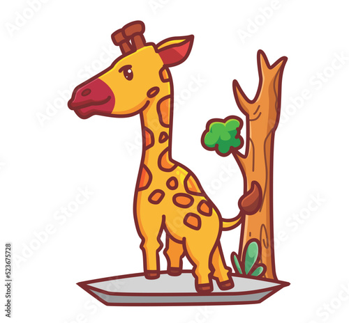 cute giraffe stand near tree. cartoon animal nature concept Isolated illustration. Flat Style suitable for Sticker Icon Design Premium Logo vector. Mascot Character