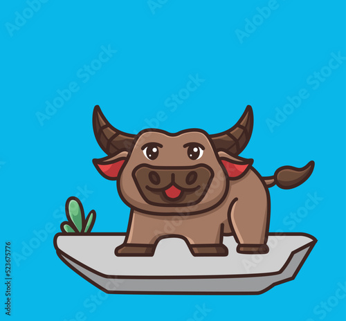 cute buffalo stay on the ground. cartoon animal nature concept Isolated illustration. Flat Style suitable for Sticker Icon Design Premium Logo vector. Mascot Character