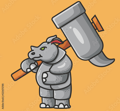 cute strong rhinoceros holding sledgehammer. Cute rhinoceros looking up with thick skin. Cartoon animal flat style illustration icon premium vector logo mascot suitable for web design banner character