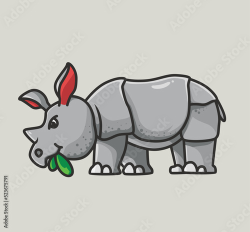 cute rhinoceros eating a grass food. Cute rhinoceros looking up with thick skin. Cartoon animal flat style illustration icon premium vector logo mascot suitable for web design banner character