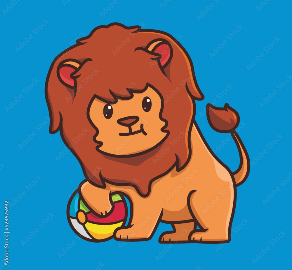 Obraz premium cute lion playing colorful ball. cartoon animal travel holiday vacation summer concept Isolated illustration. Flat Style suitable for Sticker Icon Design Premium Logo vector. Mascot Character