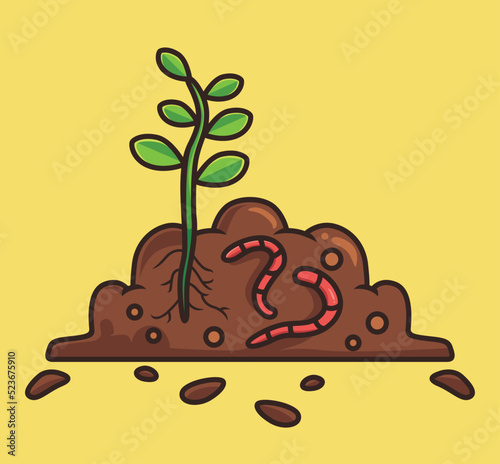 cute worm fertilizer a plant. cartoon animal nature concept Isolated illustration. Flat Style suitable for Sticker Icon Design Premium Logo vector. Mascot Character