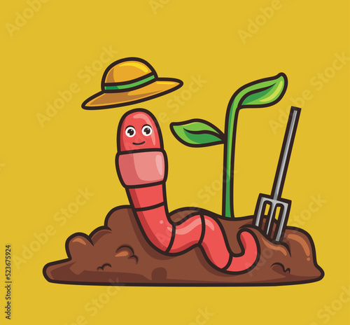 cute worm farming. cartoon animal nature concept Isolated illustration. Flat Style suitable for Sticker Icon Design Premium Logo vector. Mascot Character