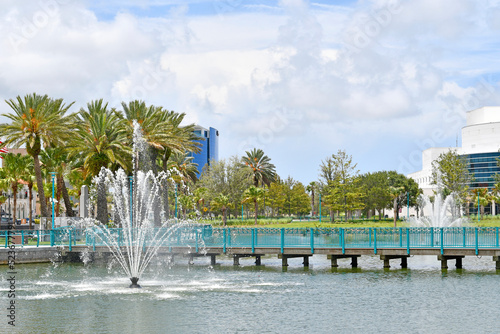 Water fountains at the new Riverfront Esplanade park in downtown Daytona Beach, Florida
