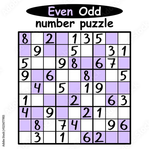 Even Odd number puzzle for kids vector illustration. Funny educational game for kids. Place even numbers on lilac cells and odd numbers on white cells. Complete the puzzle by sudoku rules
