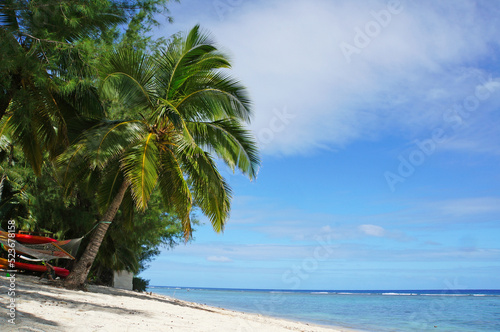 Coconut palm trees  a beautiful white sand beach and a tropical lagoon on a Pacific Island.