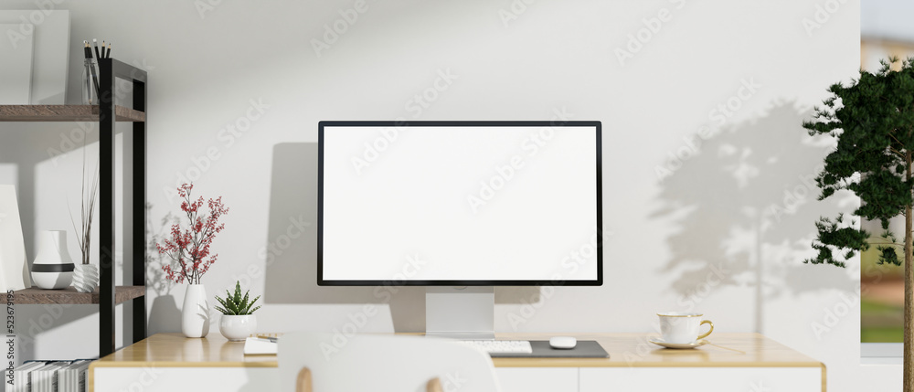 Modern white office working space with computer mockup on wood table, against the white wall. Modern white office working space with computer mockup on wood table, against the white wall.