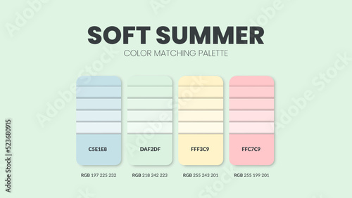 Soft summer color guide book cards samples. Color theme palettes or color schemes collection. Colour combinations in RGB or HEX. Set of trend color swatch cataloque inspiration for fashion or design.
