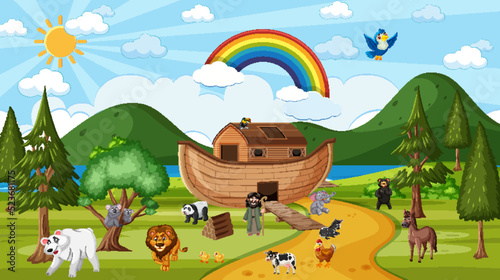 Noah's Ark with wild animals in nature scene