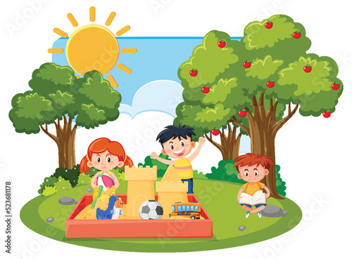 Children playing in sandpit outdoor scene isolated