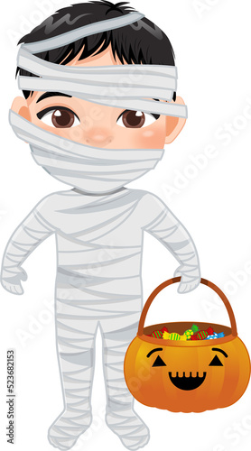 Halloween banner with cute Mummy boy costume cartoon character design photo