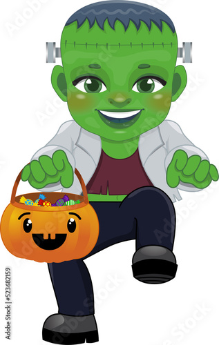 Halloween banner with cute Frankenstein boy costume cartoon character design photo