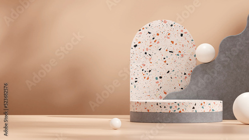 Geometrical shape 3d rendering mockup terrazzo and concrete texture podium in landscape with sphere