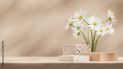 Terrazzo texture block podium 3d rendering mockup in landscape with white daisy flower
