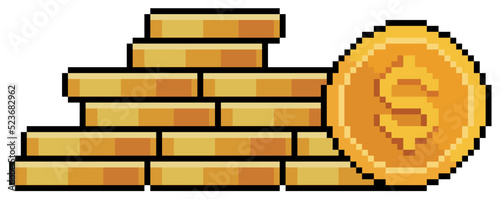 Pixel art stack of coins. stacked money vector icon for 8bit game on white background
