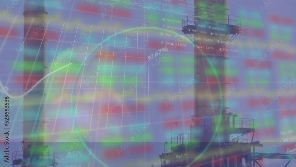 Animation of financial data with graph, circle against petrochemical plant Animation of financial data with graph, circle against petrochemical plant