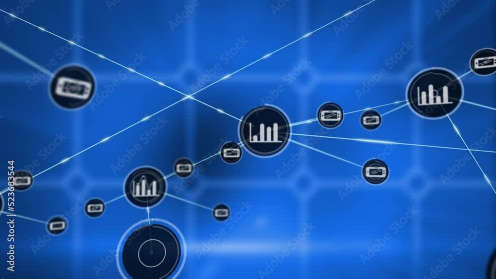 Animation of network of digital icons against square shape pattern design on blue background Animation of network of digital icons against square shape pattern design on blue background